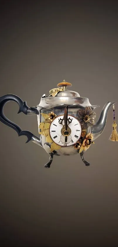 Steampunk teapot clock with intricate design on a brown background.