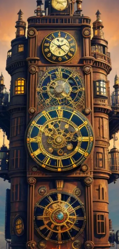 Steampunk clock tower with gears against a vibrant sky background.