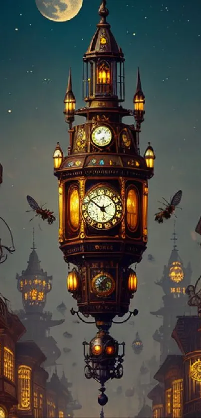 Steampunk clock tower under a full moon in an atmospheric night scene.