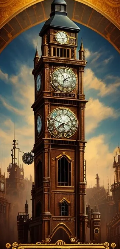 Steampunk clock tower artwork on a vintage cityscape background.