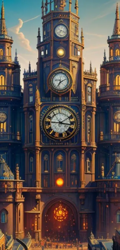 Steampunk clock tower wallpaper in warm brown tones, showcasing intricate fantasy design.