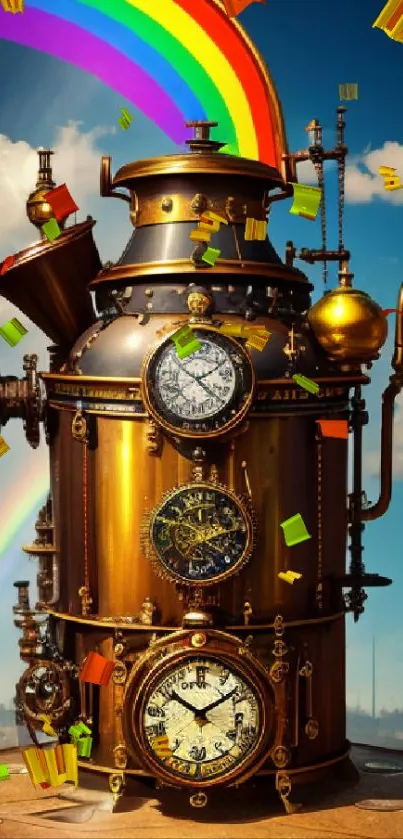 Steampunk clock tower with rainbow in vibrant sky.