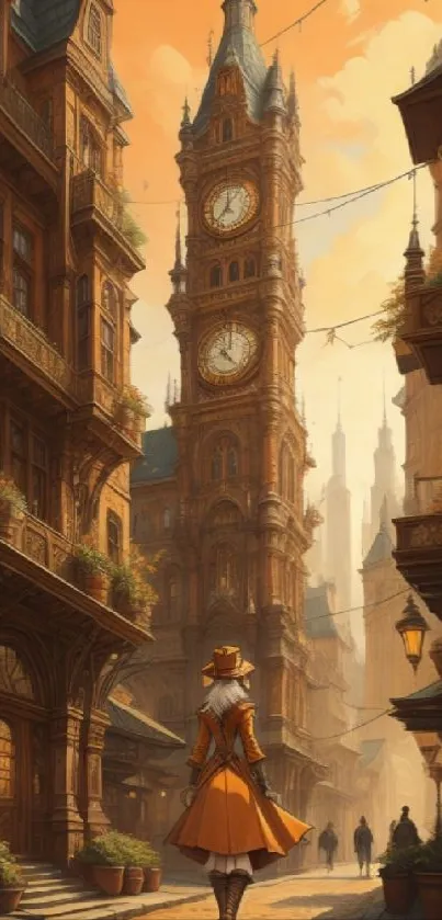 Steampunk scene with clock tower and a mysterious figure walking down the street.