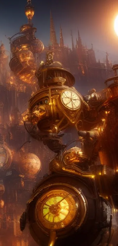 Steampunk clock tower bathed in golden light with a fantasy aesthetic.