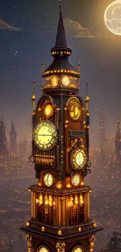 Steampunk clock tower under a moonlit sky.