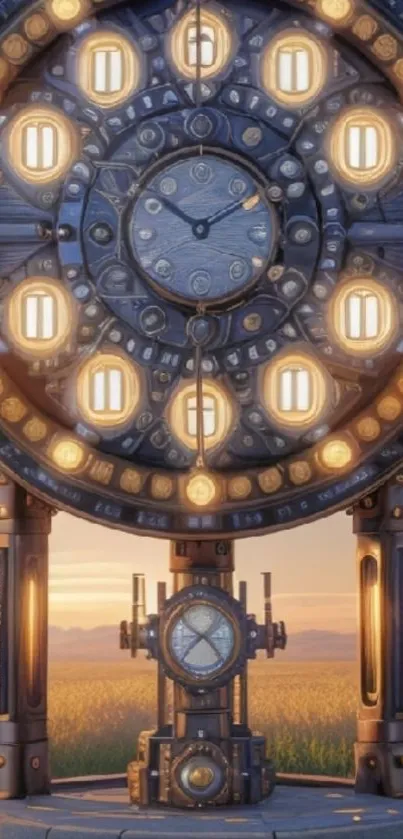 Steampunk clock tower with glowing lights under sunset sky.