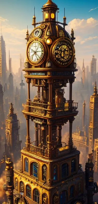 Steampunk-inspired clock tower dominates a cityscape under a colorful sky.