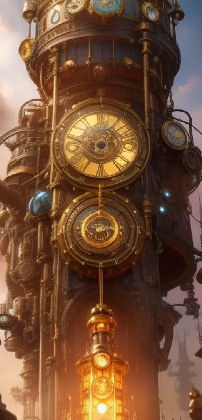 Steampunk clock tower with golden gears and sunset.