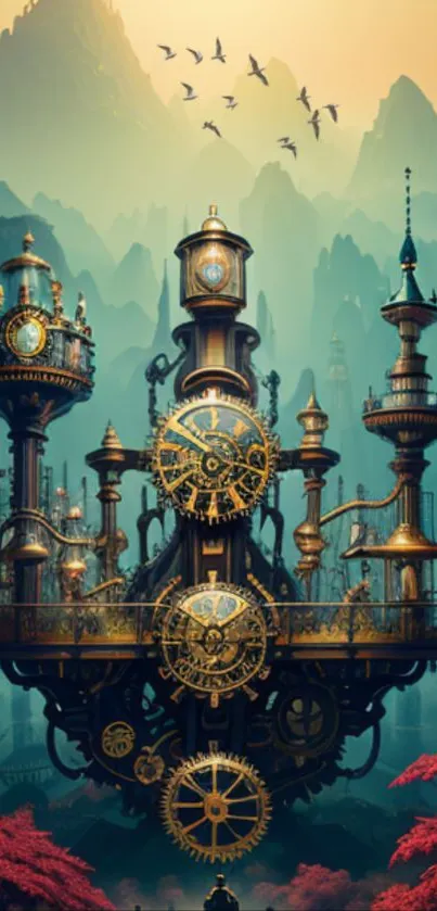 Steampunk clock tower amid mystical teal mountains.