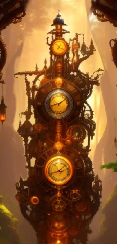 Steampunk clock tower with gears and vibrant colors.