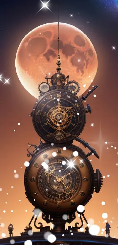 Steampunk clock with full moon backdrop.