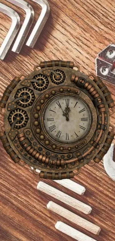 Steampunk clock with gears on rustic wood background.