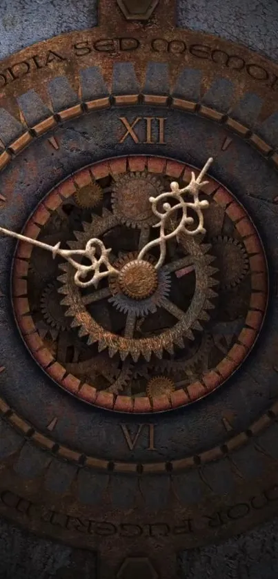 Steampunk clock wallpaper with gears and Roman numerals.