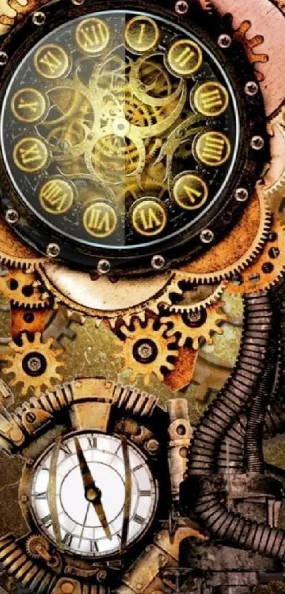 Steampunk clock with intricate gears.