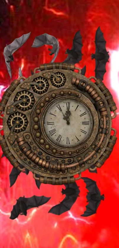 Steampunk clock with bats and red electric background.