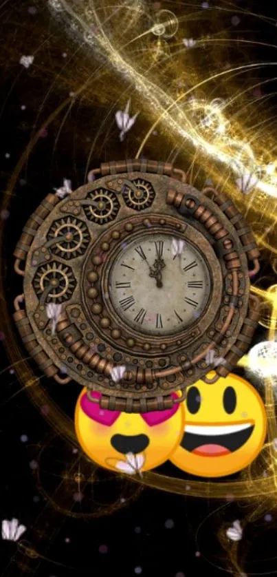 Steampunk clock with gears and emojis on a dark background wallpaper.