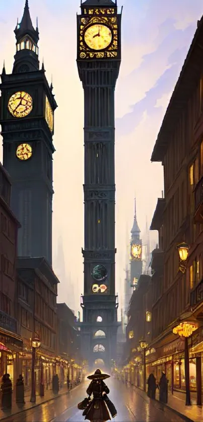 Steampunk street with clocktowers in warm, vintage style, perfect for wallpaper.