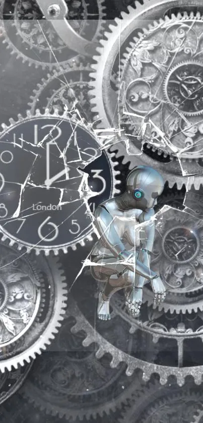 Steampunk wallpaper with clockwork gears and a futuristic android design.