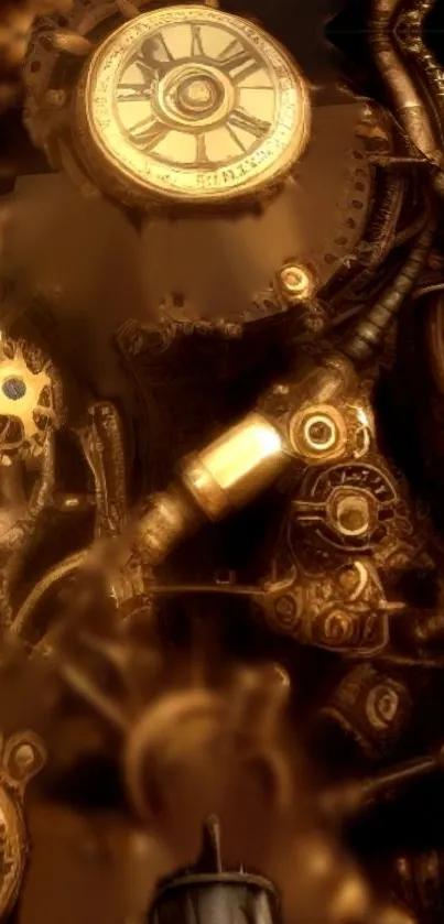 Intricate steampunk clockwork wallpaper with copper hues.