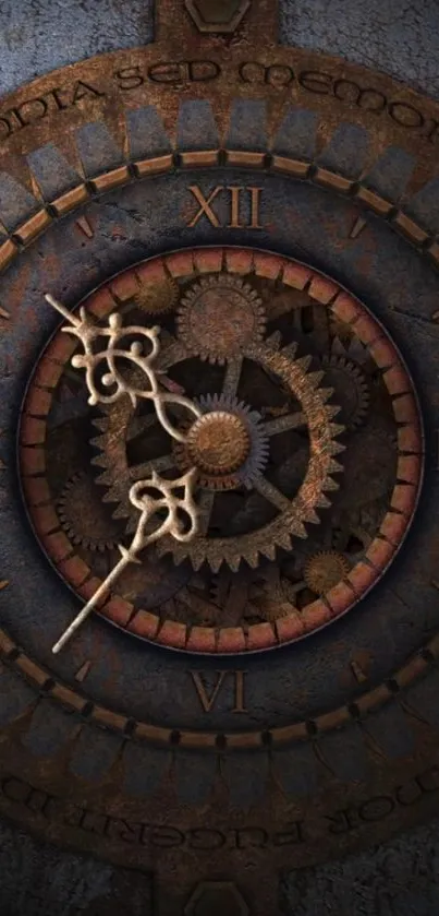 Intricate steampunk clock with gears and roman numerals.