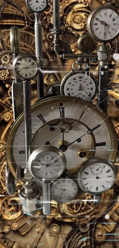 Steampunk clockwork design wallpaper with gears and timepieces.