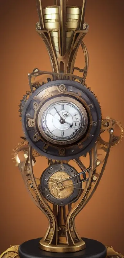 Steampunk clockwork art with gears and cogs in bronze tones.