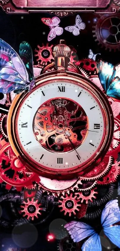 Steampunk clock and butterfly design wallpaper for mobile.