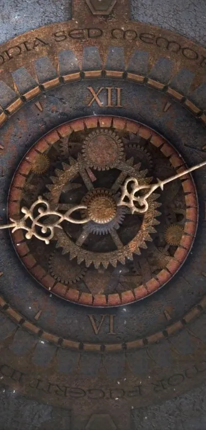 Intricate steampunk clockwork design with gears and bronze detailing.