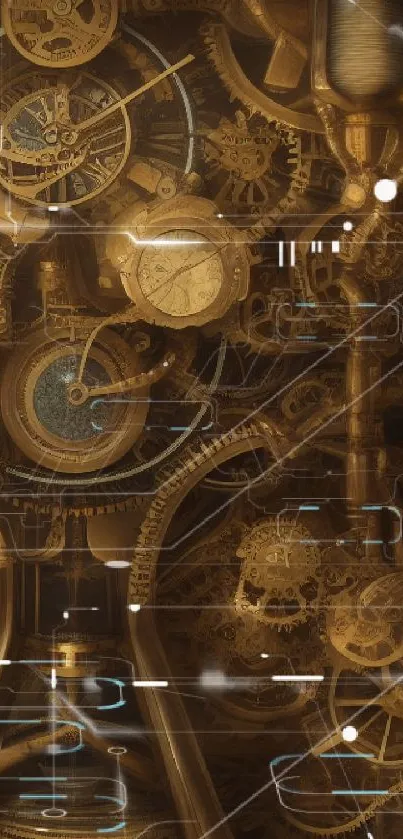 Steampunk wallpaper with intricate golden gears and mechanical elements.