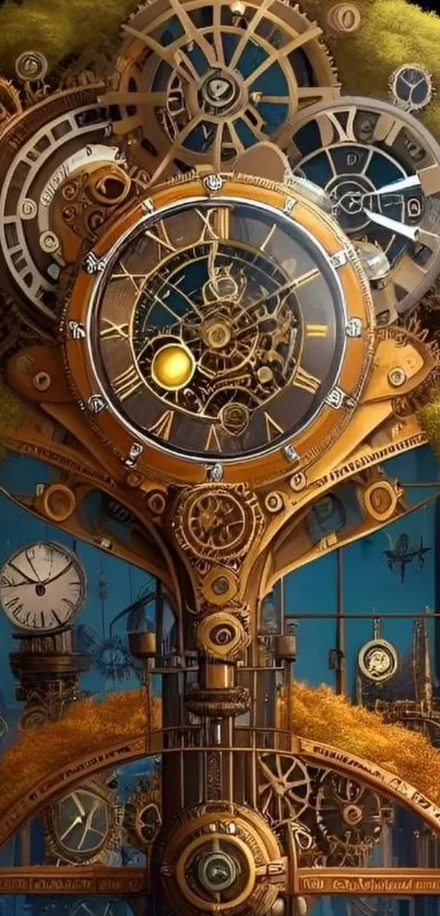 Steampunk clockwork art with brass gears on a blue background.