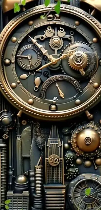 Intricate steampunk clockwork design with dark metallic elements.