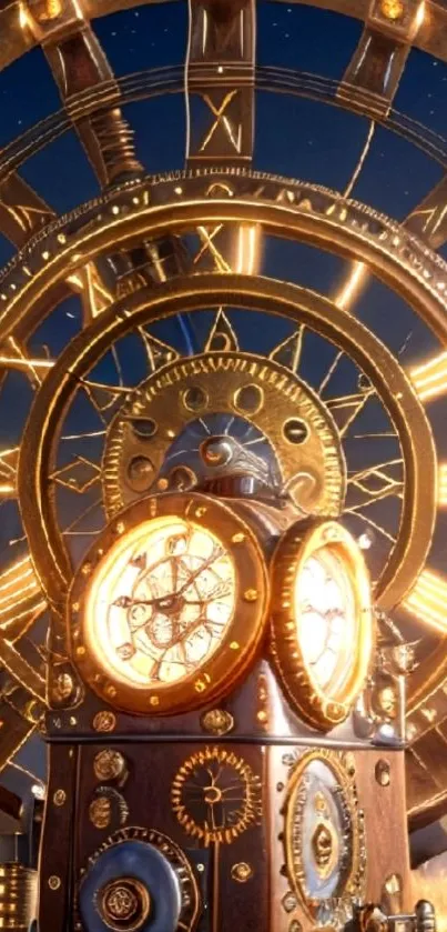 Steampunk clockwork art with glowing gears and intricate details.