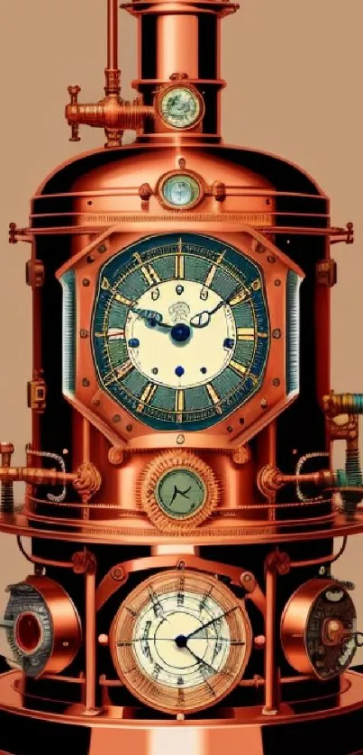 Steampunk clockwork wallpaper with copper tones and intricate vintage details.