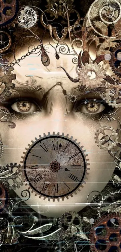 Steampunk art wallpaper with clockwork gears and cogs on a face design.