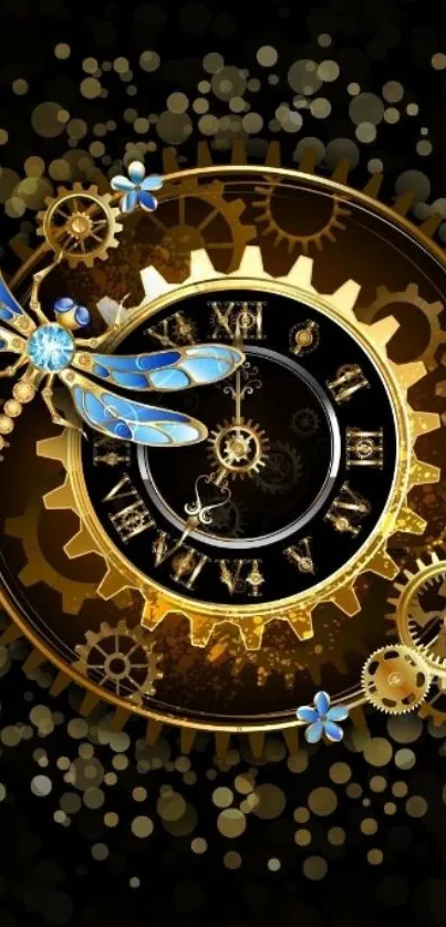 Steampunk clock with gears and a blue dragonfly in the center.