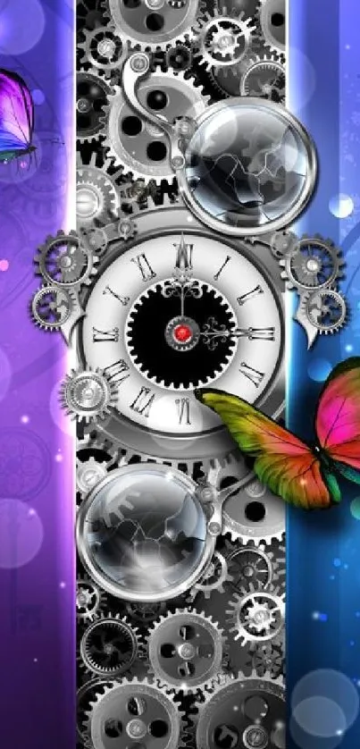 Steampunk clockwork design with colorful butterflies and gears on gradient background.