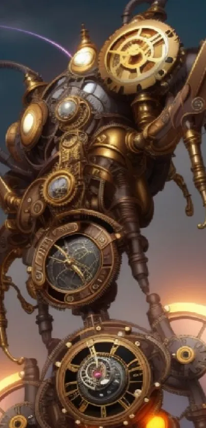 Steampunk clockwork with gears and vintage design in bronze hues.