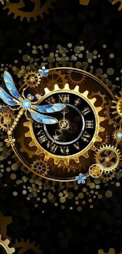 Steampunk clockwork wallpaper with gold gears and a dragonfly.