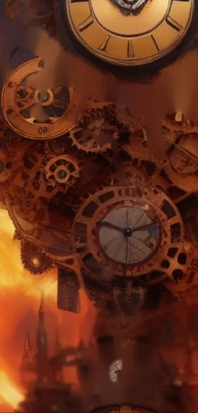 Steampunk wallpaper with clock and gears on a fiery orange background.