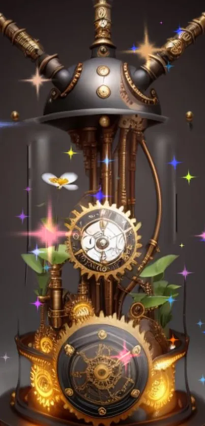 Steampunk clockwork design with gears and a magical robotic flower.