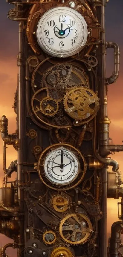 Steampunk clock with gears and sunset background.