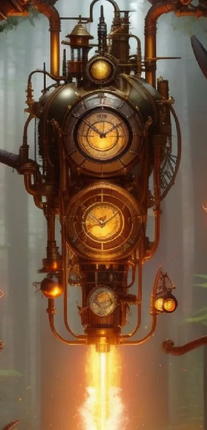 Steampunk fantasy art with clockwork and glowing gears in a mystical forest setting.