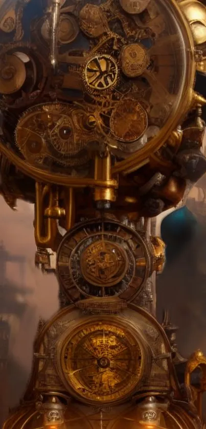 Steampunk clock design with golden gears and intricate details.