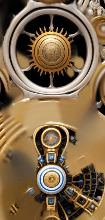 Intricate steampunk clockwork wallpaper with gold gears and vintage design.