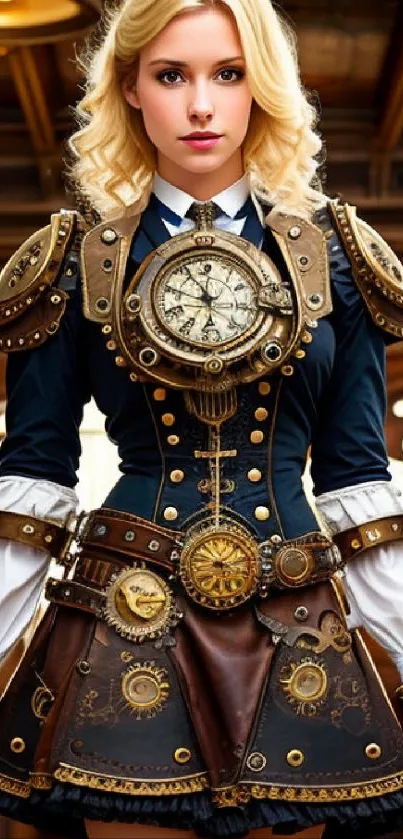 Steampunk fashion art with intricate clockwork details on a Victorian-style dress.