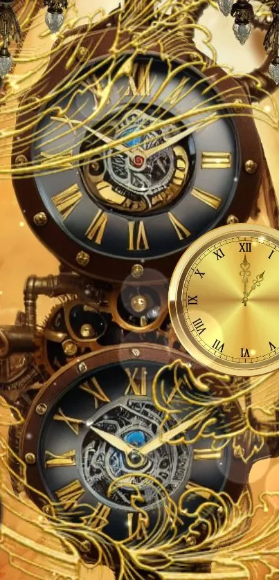 Steampunk clock wallpaper with gears and vintage timepieces in bronze tones.