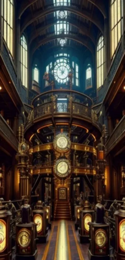 A steampunk hallway with ornate clockwork and golden tones.