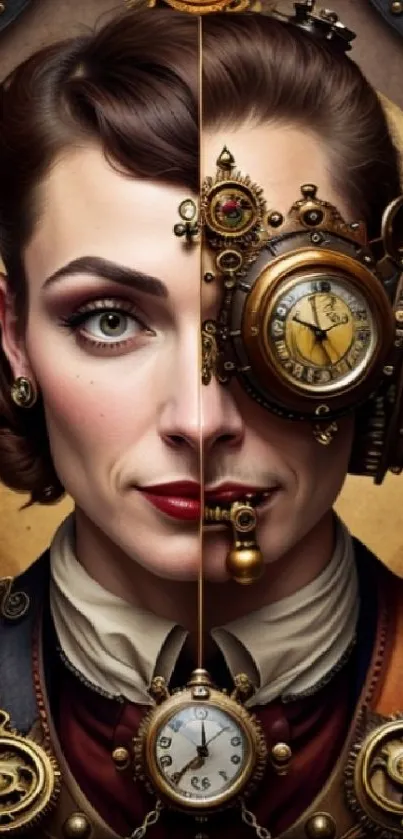 Steampunk portrait with clockwork gears and Victorian elements.