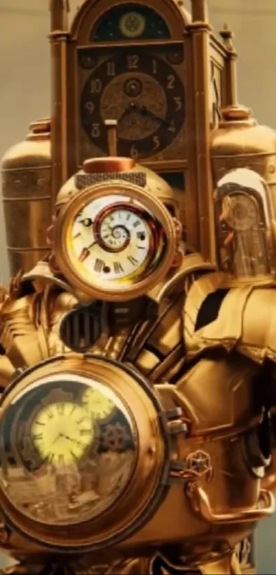 Steampunk clockwork soldier with large brass clock gears.