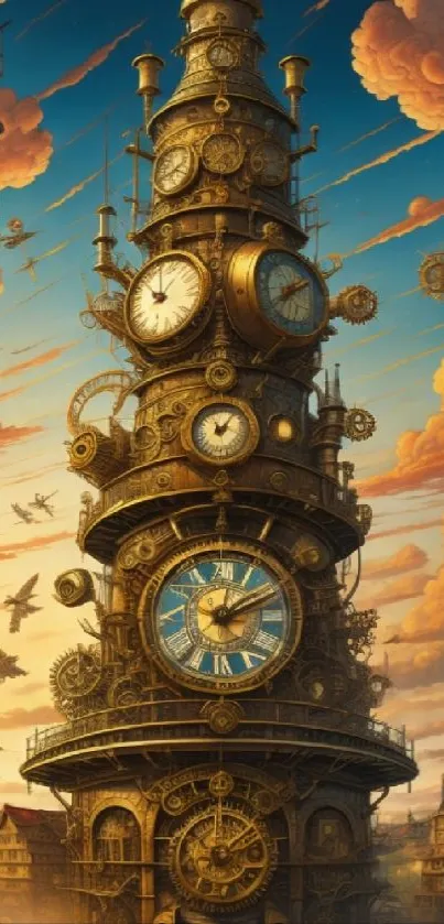 Steampunk tower with clocks and gears in a vibrant, detailed illustration.